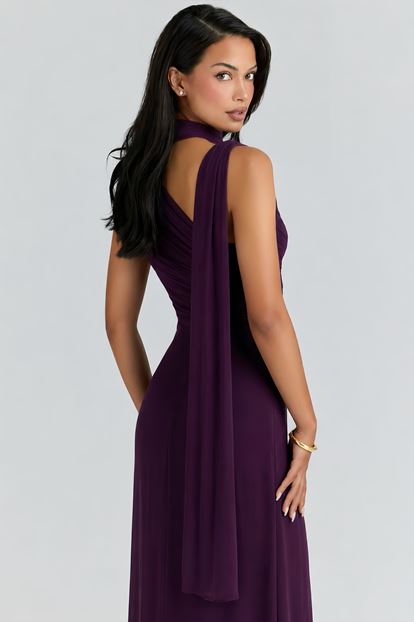 Mor Belden Taş Detaylı Abiye Elbise