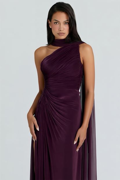 Mor Belden Taş Detaylı Abiye Elbise