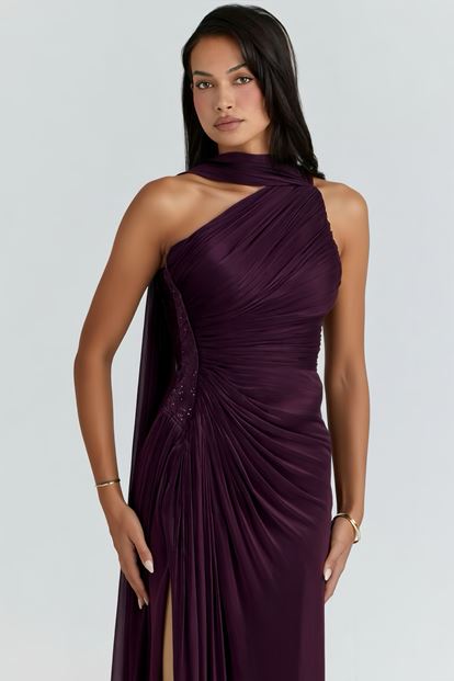 Mor Belden Taş Detaylı Abiye Elbise