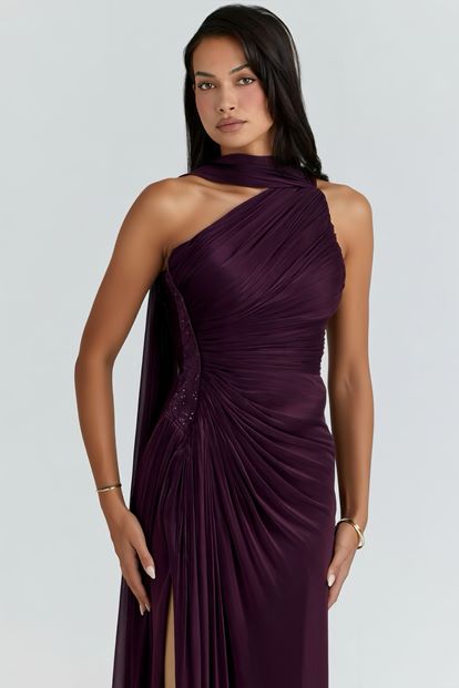 Mor Belden Taş Detaylı Abiye Elbise