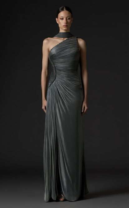 Gri Tek Omuz Taş Askılı Abiye Elbise