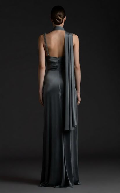 Gri Tek Omuz Taş Askılı Abiye Elbise