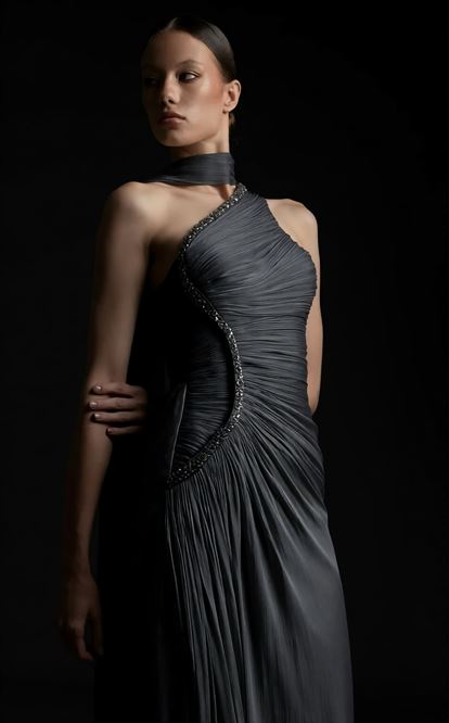 Gri Tek Omuz Taş Askılı Abiye Elbise