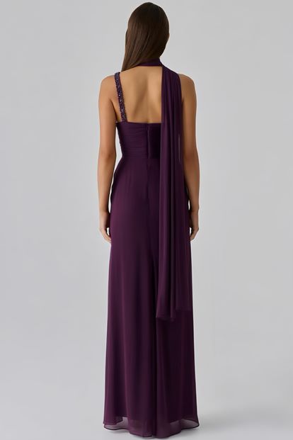Mor Tek Omuz Taş Askılı Abiye Elbise