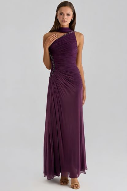 Mor Tek Omuz Taş Askılı Abiye Elbise