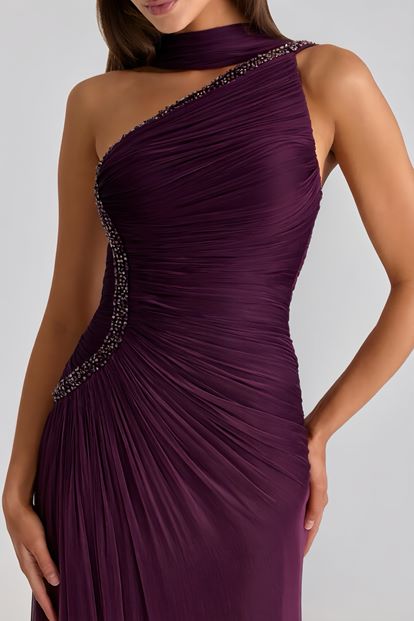 Mor Tek Omuz Taş Askılı Abiye Elbise