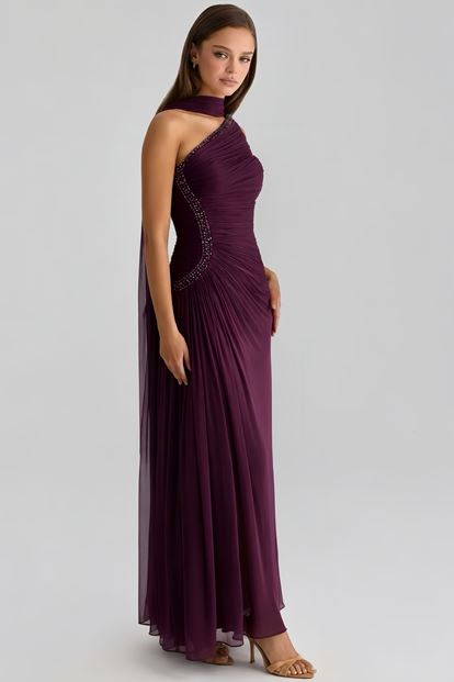 Mor Tek Omuz Taş Askılı Abiye Elbise