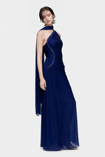 Lacivert Tek Omuz Taş Askılı Abiye Elbise