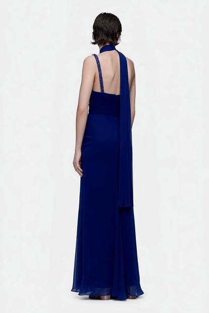 Lacivert Tek Omuz Taş Askılı Abiye Elbise