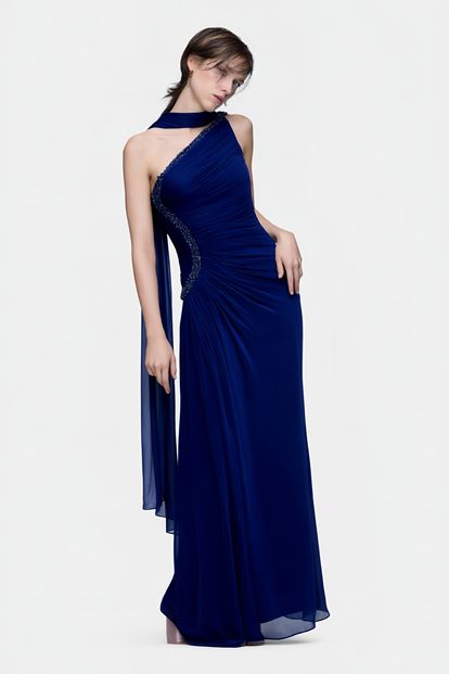 Lacivert Tek Omuz Taş Askılı Abiye Elbise