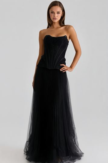 Siyah Pilise Tül Etekli Abiye Elbise