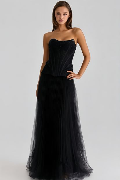 Siyah Pilise Tül Etekli Abiye Elbise