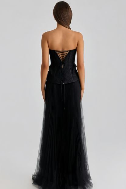 Siyah Pilise Tül Etekli Abiye Elbise