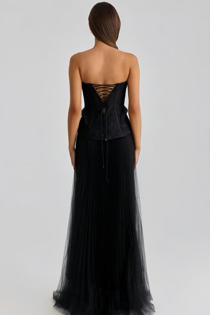 Siyah Pilise Tül Etekli Abiye Elbise