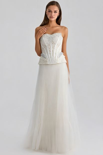 Kemik Pilise Tül Etekli Abiye Elbise