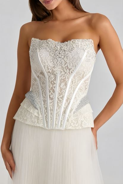 Kemik Pilise Tül Etekli Abiye Elbise