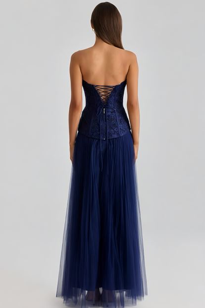 Lacivert Pilise Tül Etekli Abiye Elbise