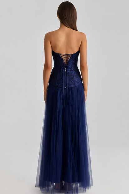 Lacivert Pilise Tül Etekli Abiye Elbise