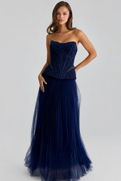 Lacivert Pilise Tül Etekli Abiye Elbise