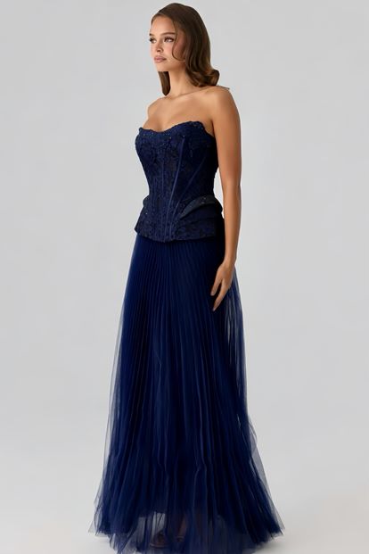 Lacivert Pilise Tül Etekli Abiye Elbise
