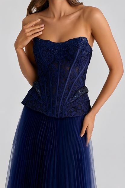 Lacivert Pilise Tül Etekli Abiye Elbise