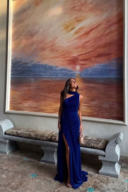 Lacivert Belden Taş Detaylı Abiye Elbise