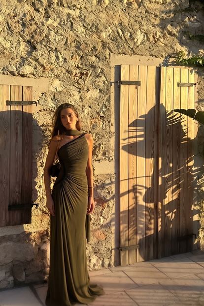 Açık Kahve Tek Omuz Taş Askılı Abiye Elbise