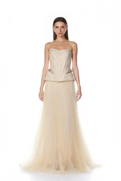 Bej Pilise Tül Etekli Abiye Elbise