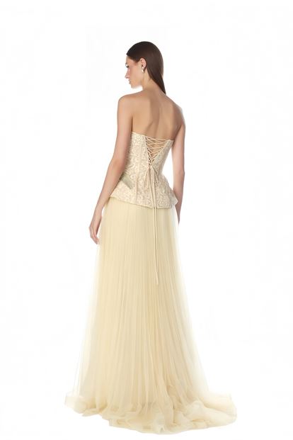 Bej Pilise Tül Etekli Abiye Elbise