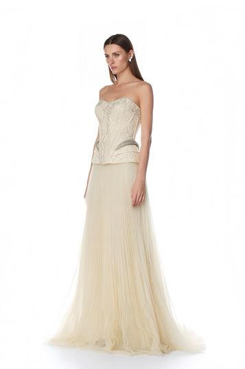 Bej Pilise Tül Etekli Abiye Elbise