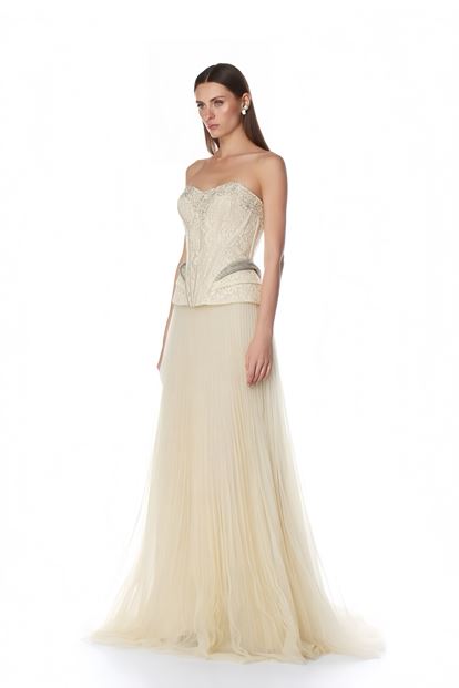 Bej Pilise Tül Etekli Abiye Elbise