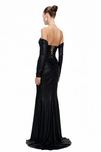 Siyah Eldiven Detaylı Abiye Elbise