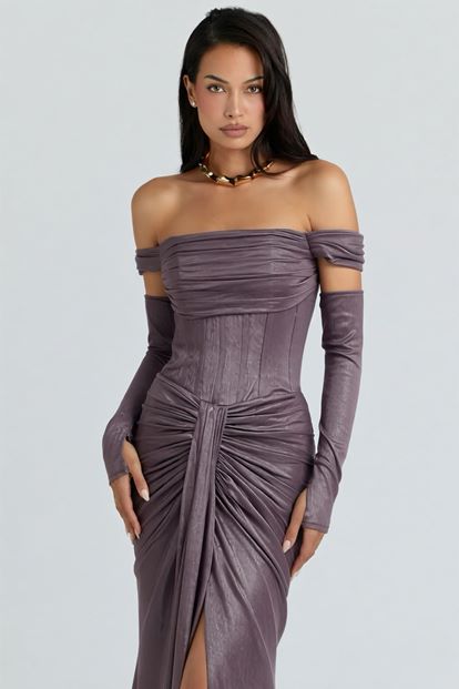 Lila Eldiven Detaylı Abiye Elbise