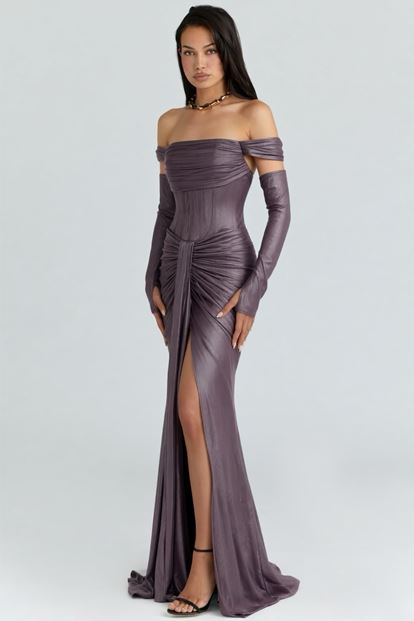 Lila Eldiven Detaylı Abiye Elbise