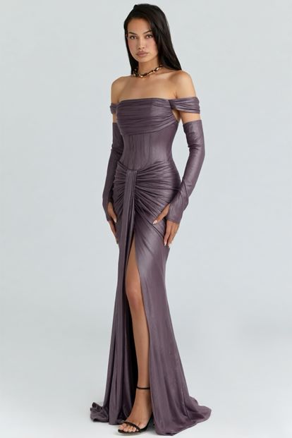 Lila Eldiven Detaylı Abiye Elbise