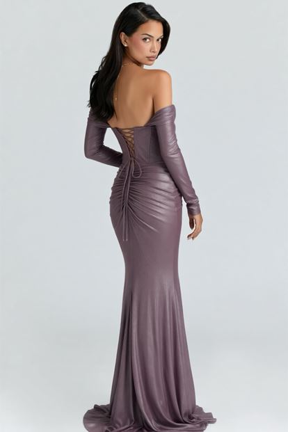 Lila Eldiven Detaylı Abiye Elbise