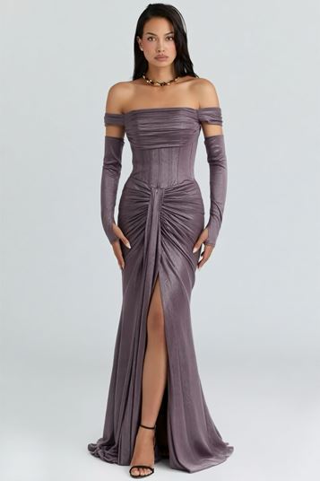 Lila Eldiven Detaylı Abiye Elbise