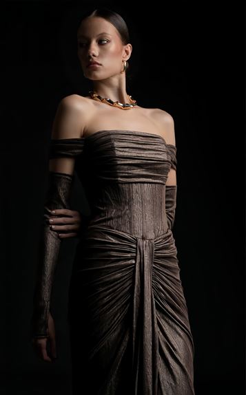 Bakır Eldiven Detaylı Abiye Elbise