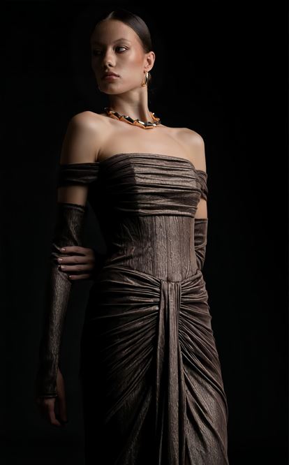 Bakır Eldiven Detaylı Abiye Elbise