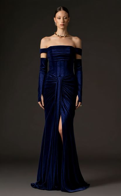 Lacivert Eldiven Detaylı Abiye Elbise