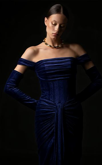 Lacivert Eldiven Detaylı Abiye Elbise