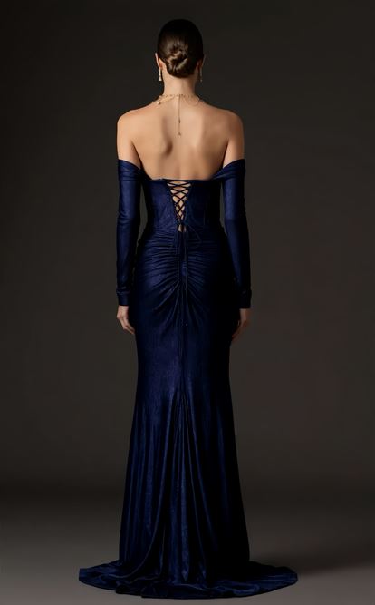 Lacivert Eldiven Detaylı Abiye Elbise