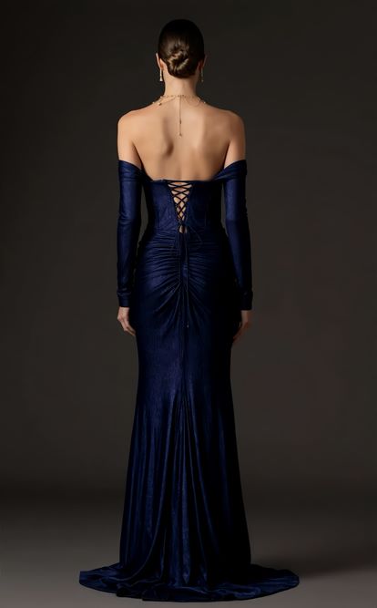 Lacivert Eldiven Detaylı Abiye Elbise