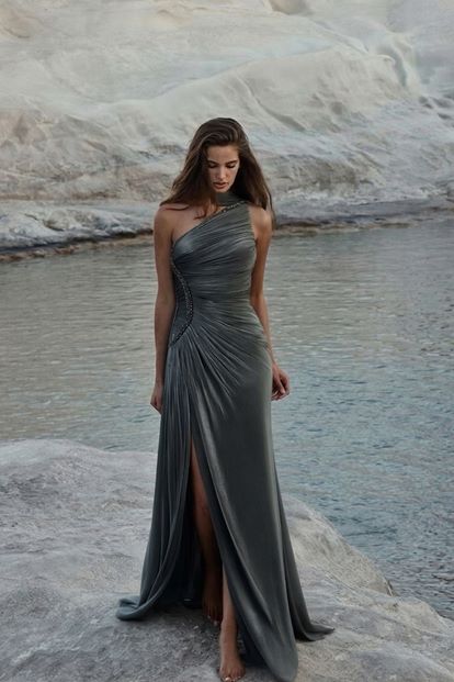 Gri Tek Omuz Taş Askılı Abiye Elbise