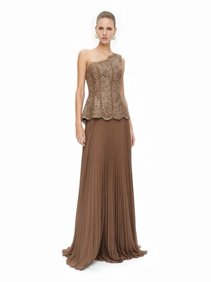 Vizon İşlemeli Korse Üstlü Pileli Şifon Abiye Elbise