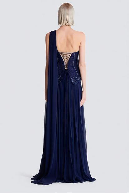 Lacivert İşlemeli Korse Üstlü Pileli Şifon Abiye Elbise
