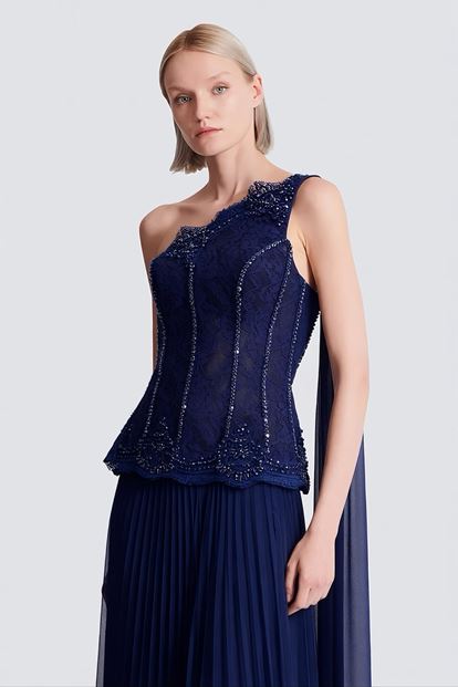Lacivert İşlemeli Korse Üstlü Pileli Şifon Abiye Elbise