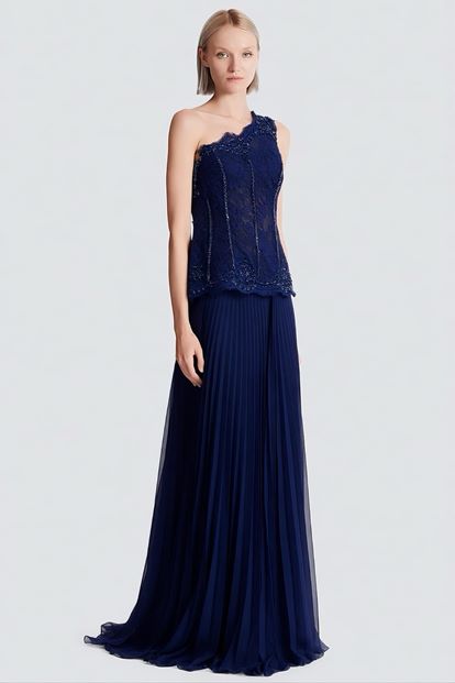 Lacivert İşlemeli Korse Üstlü Pileli Şifon Abiye Elbise
