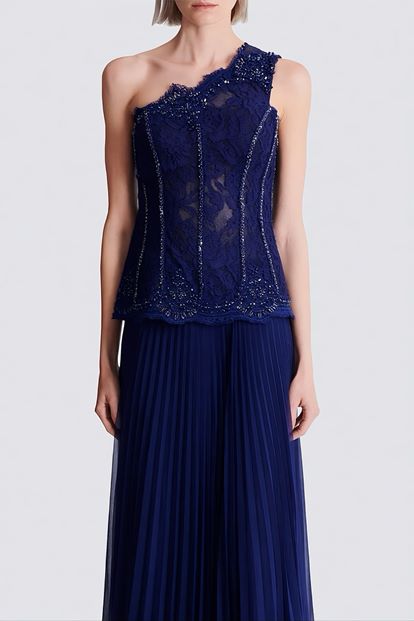 Lacivert İşlemeli Korse Üstlü Pileli Şifon Abiye Elbise