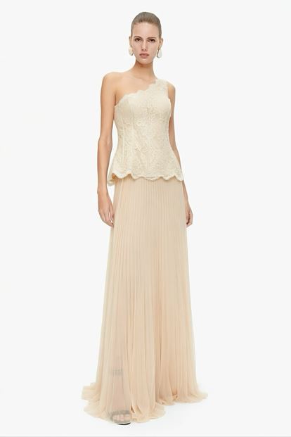 Bej İşlemeli Korse Üstlü Pileli Şifon Abiye Elbise